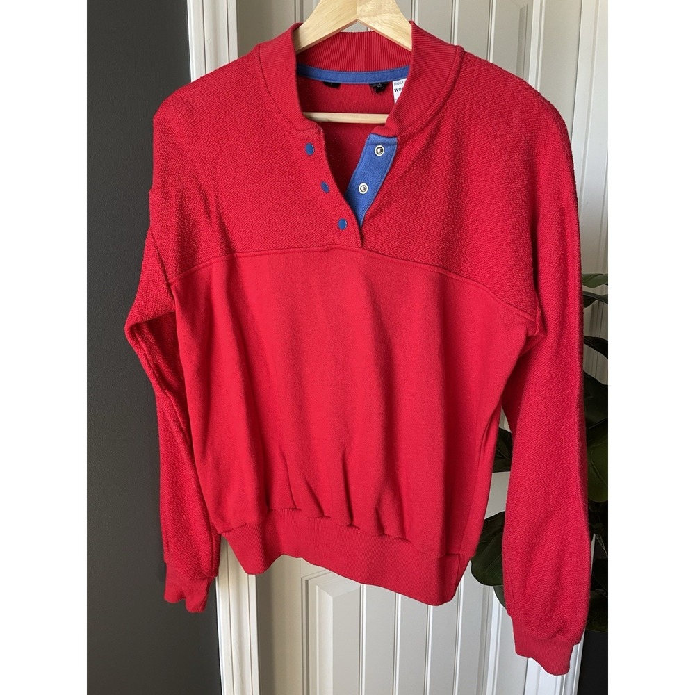 Vtg Lands End Pullover Sweatshirt Retro 80s Snap 100% Cotton USA Red Women's Sm